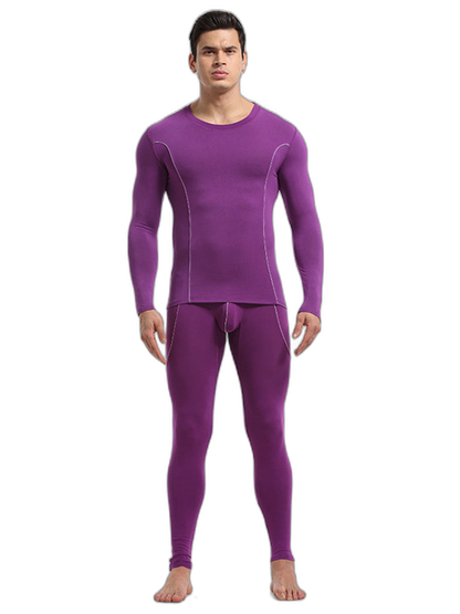 Men's Round Neck Solid Color Bamboo Fiber Thermal Underwear Set