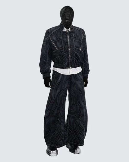 Retro Denim Jacket and Wide-Leg Jeans Set