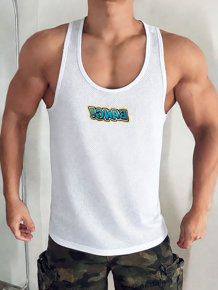 Men's Letter Print Stretch Mesh Sports Vest