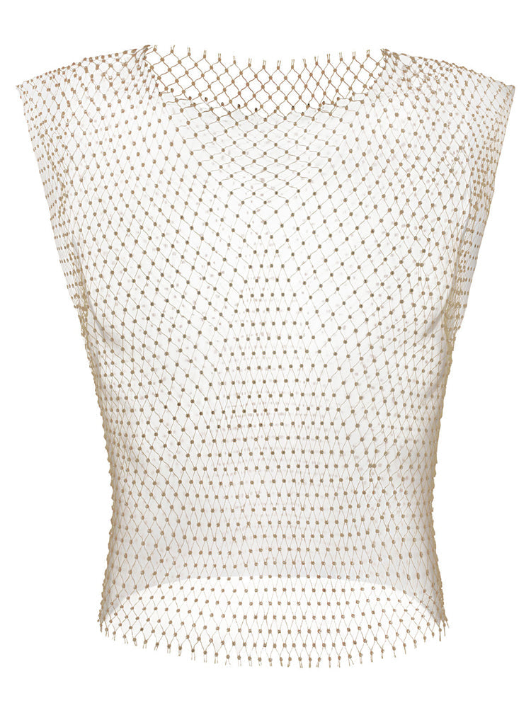 Men's Rhinestone See Through Fishing Net Cutout Nylon Vest Shorts Two Piece Set - Orange
