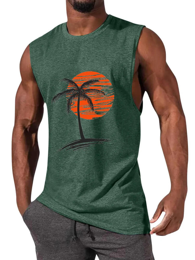 Men's Sunset Coconut Tree Print Solid Tank Top