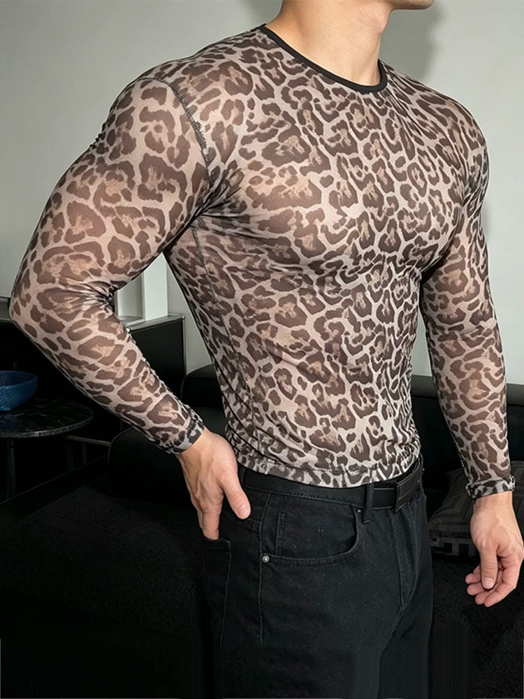 Sexy Leopard-Print Sheer Mesh Long-Sleeve Top