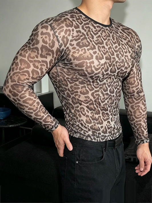 Sexy Leopard-Print Sheer Mesh Long-Sleeve Top