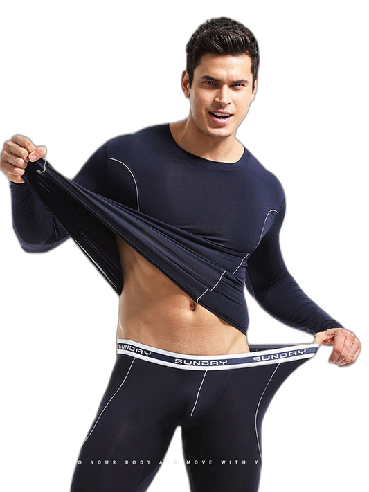 Men's Round Neck Solid Color Bamboo Fiber Thermal Underwear Set