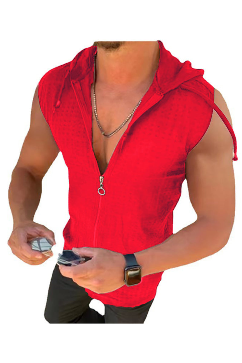 Hooded Short Sleeve Shirts with Zipper Slim Fit Tank Top