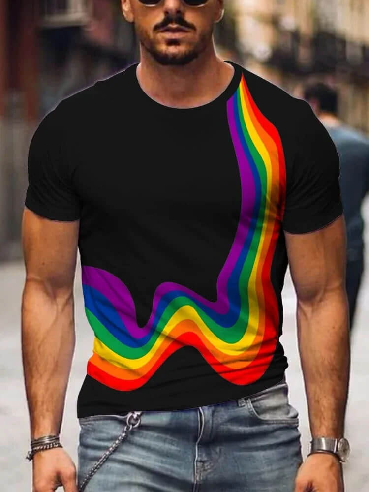 Men's Casual Wave Rainbow Print T-shirt
