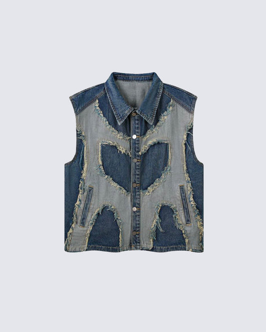Distressed Patchwork Denim Vest