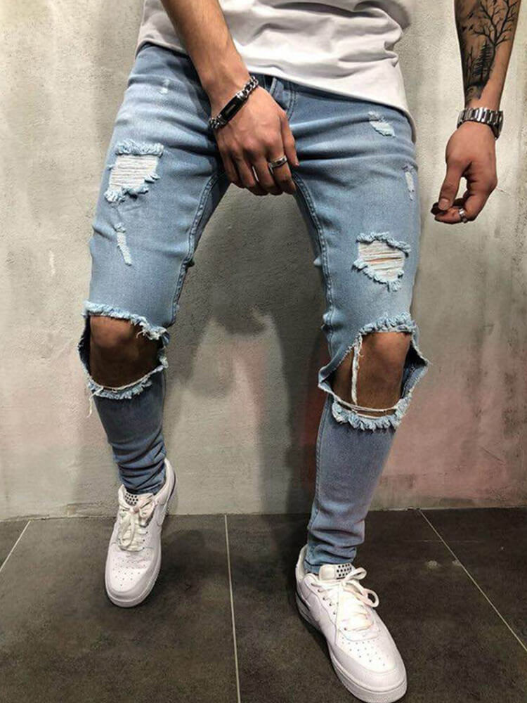 Men's Street-Style Ripped Knee Slim-Fit Jeans