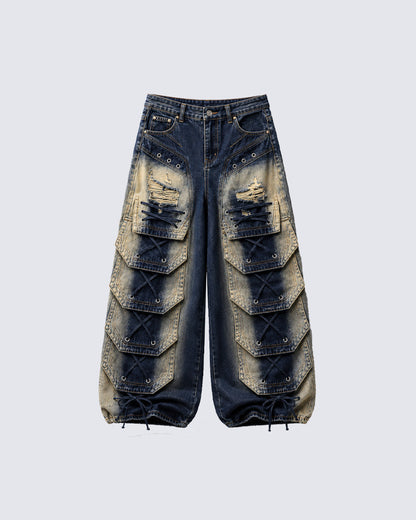 Distressed Layered Cargo Pants With Lacing