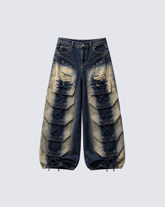 Distressed Layered Cargo Pants With Lacing