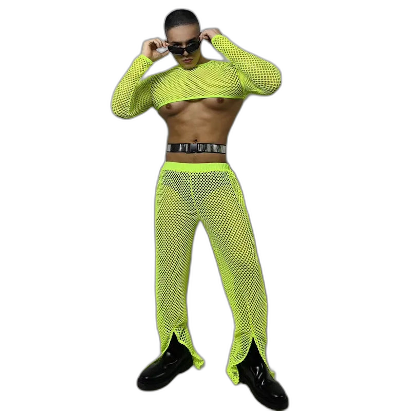 Fluorescent Fishnet See-Through Bodysuit Set