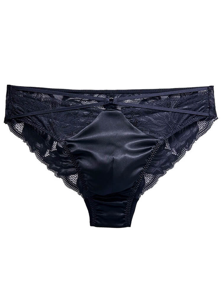 Men's Sexy Cross-Strap Transparent Lace Silk Briefs