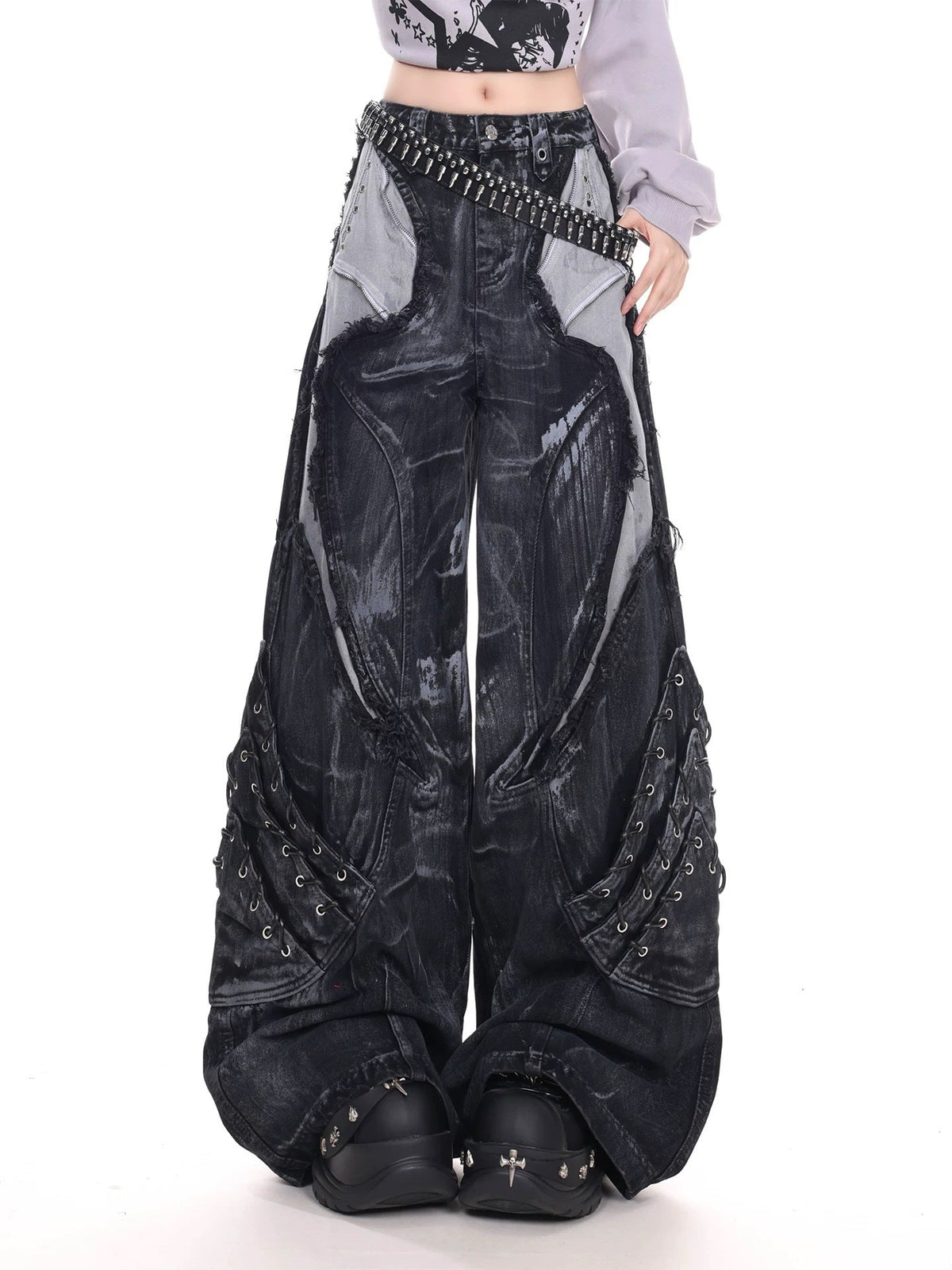 Vintage Washed Patchwork Lace-Up Wide Jeans