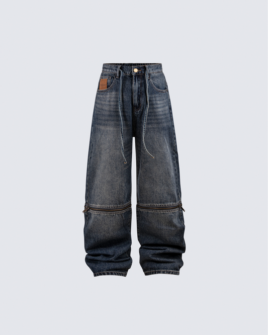 Zip-Off Panel Wide-Leg Denim Pants