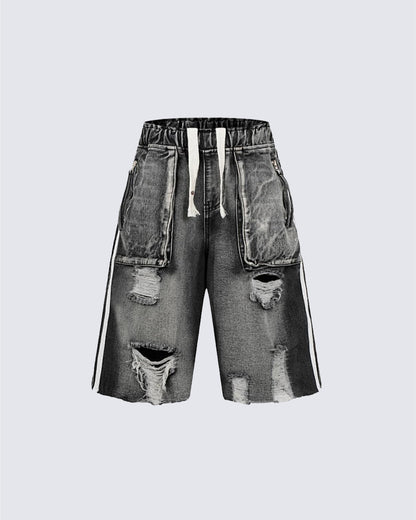 Grunge Drawstring Pocket Distressed Wide Denim Shorts