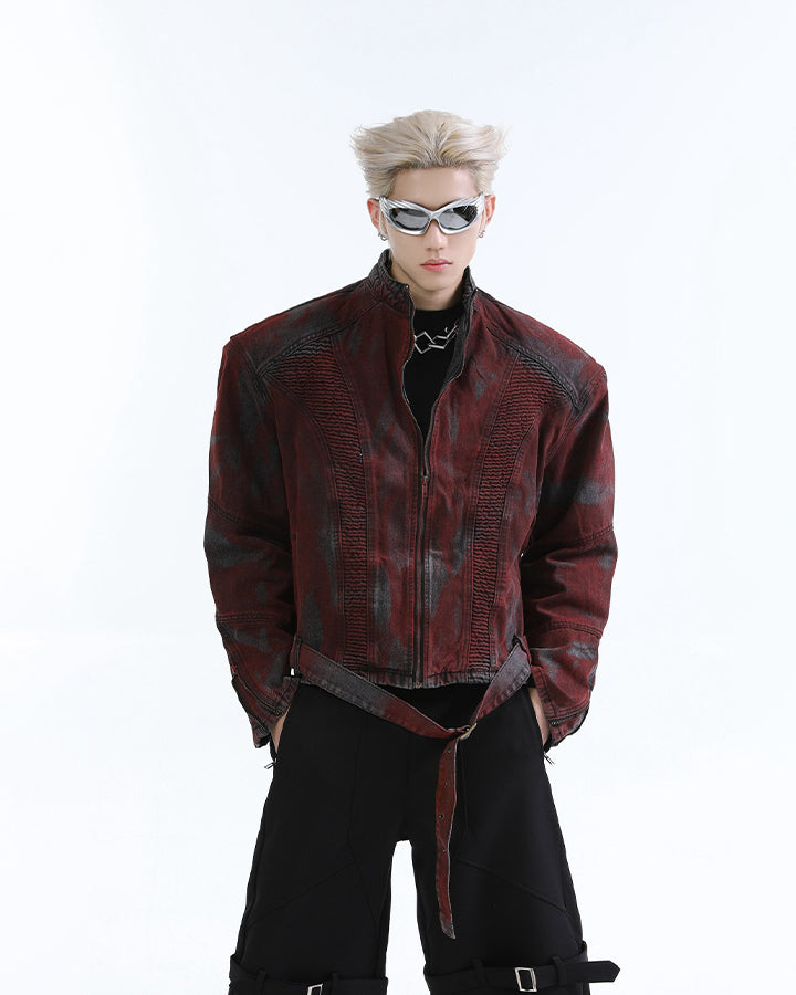 New Red Gothic Washed Belted Cropped Biker Jacket