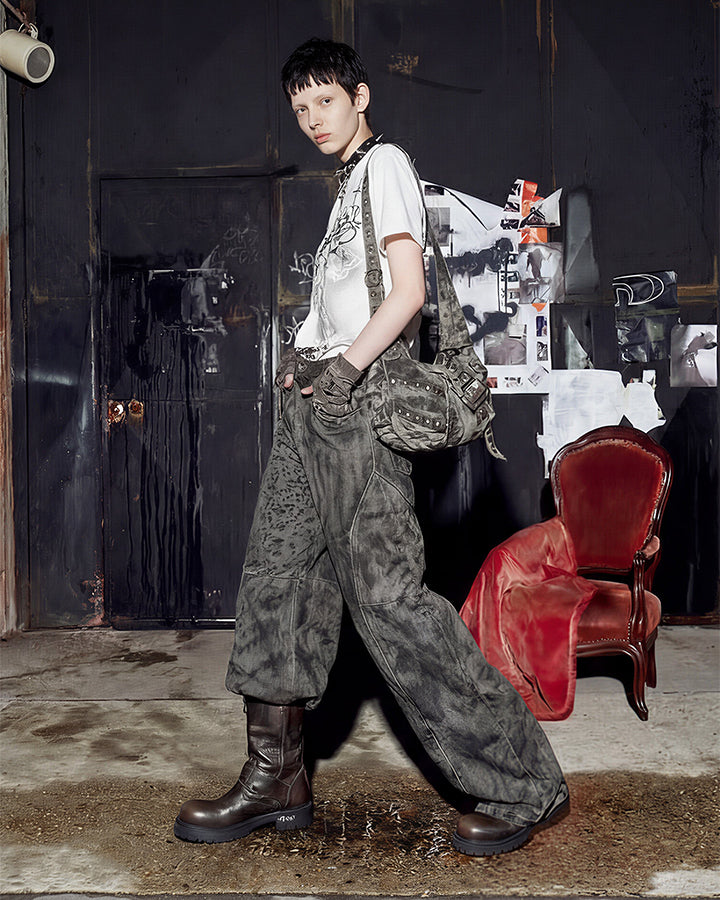 Leopard Double Animal-Texture Washed Wide-Leg Jeans