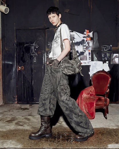 Leopard Double Animal-Texture Washed Wide-Leg Jeans