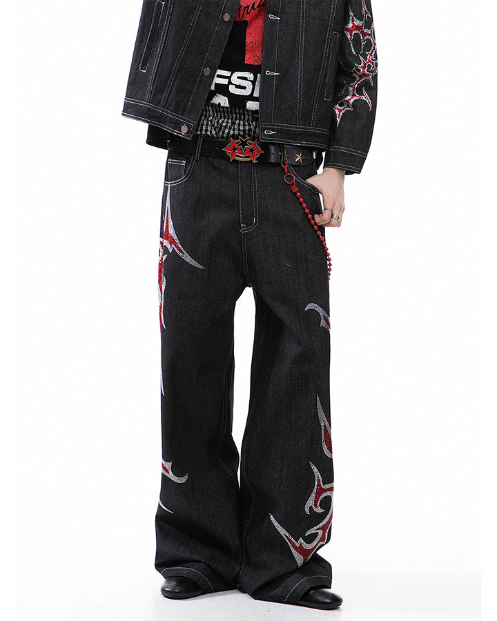 New Rhinestone Flame Denim Jeans