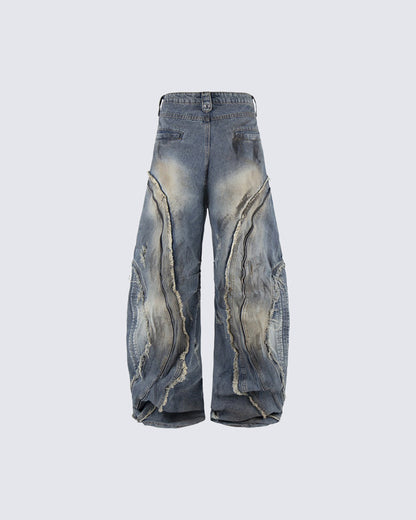 Dark Wavy Zipper Deconstructed Wide Denim Pants New