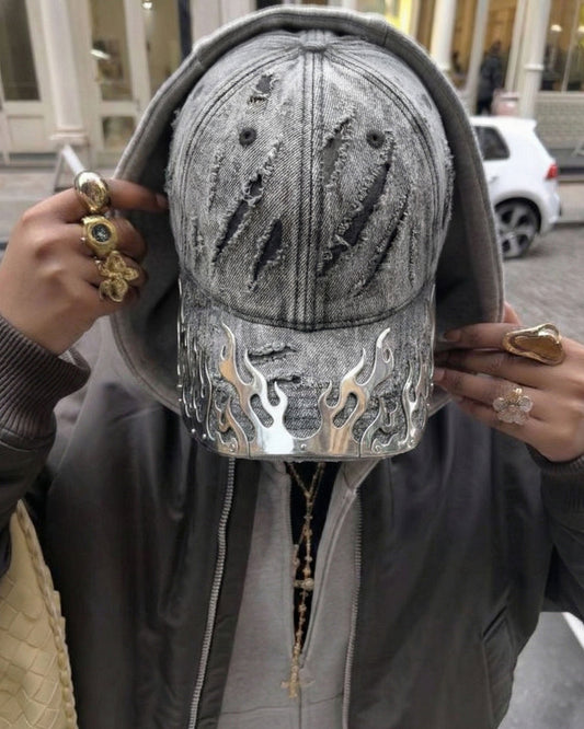 KIIKIO-Post-Apocalyptic Flame Metal Denim Cap