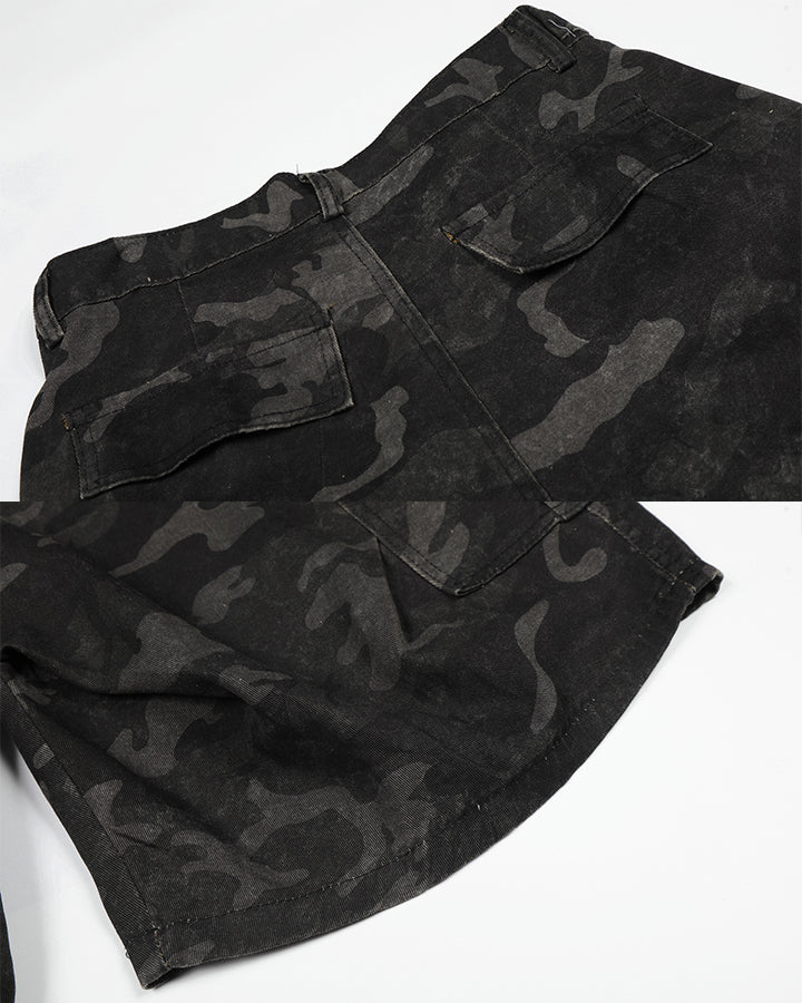 KIIKIO Utility Camo Cargo Pocket Wide Denim Shorts
