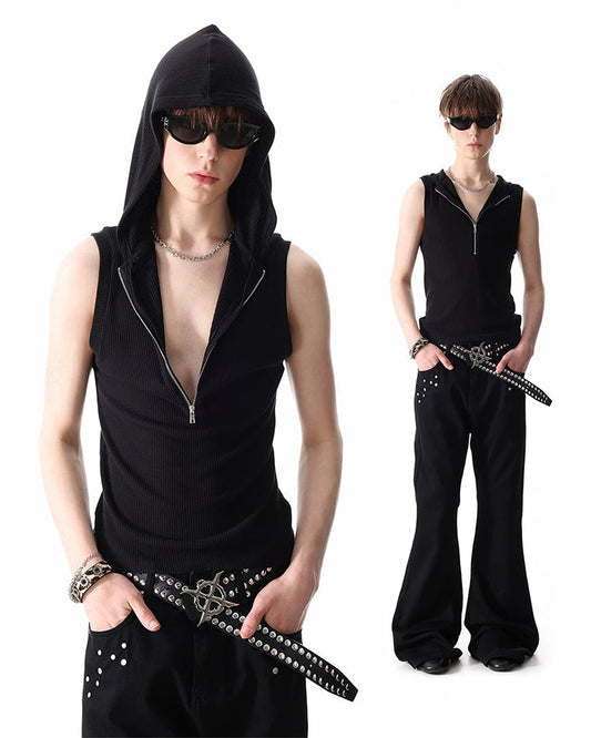 New Dark Ribbed Hooded Sleeveless Zip Knit Top