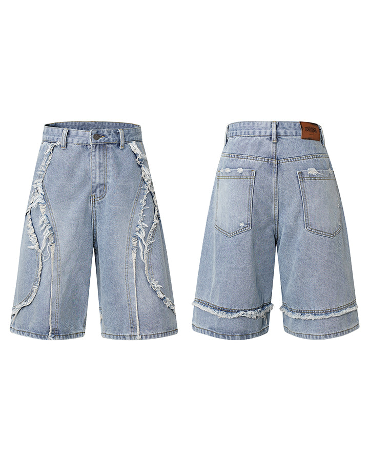 KIIKIO Vintage Raw-Edge Straight Denim Shorts