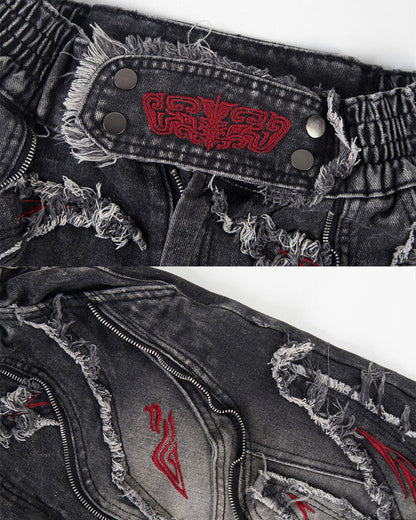New Dark Washed Red Embroidery Flared Denim Jeans
