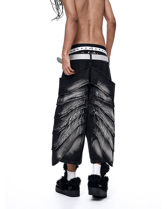 New Deconstructed Washed Layered Wave Denim Shorts