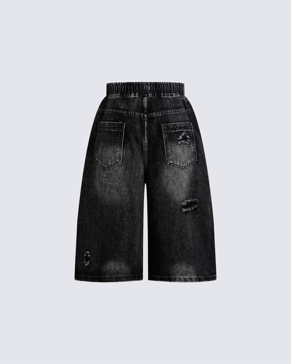 Grunge Drawstring Panel Distressed Wide Denim Shorts