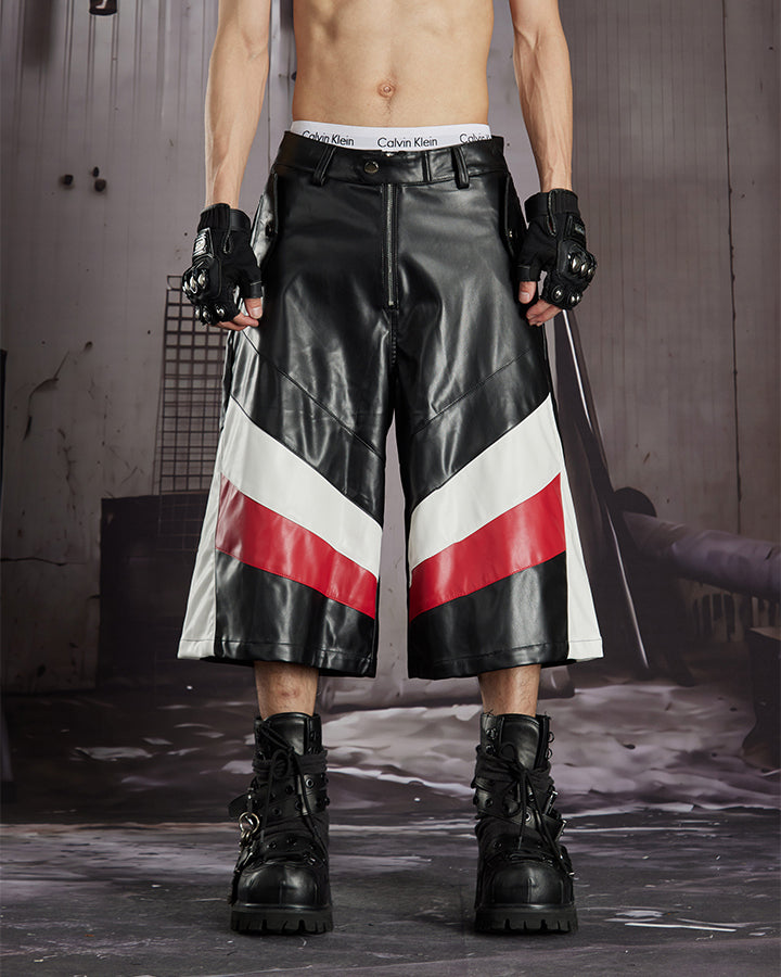 New Racing Moto Avant-Garde Contrast Panel PU Shorts