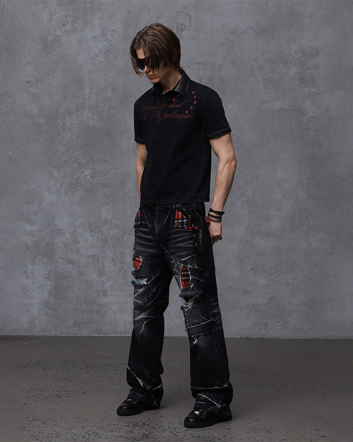 KIIKIO Vintage Plaid Patch Distressed Flared Jeans
