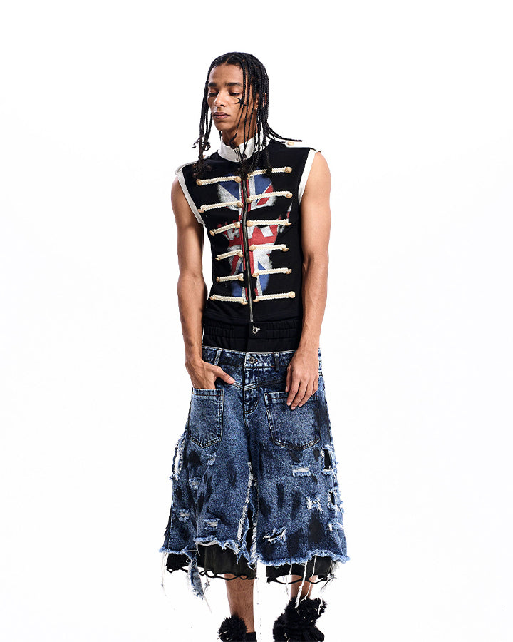 New Dirty-Washed Distressed Men’s Denim Mid Shorts
