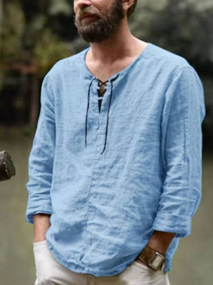 Men's Long-Sleeved Solid Color Loose Lace-Up Top
