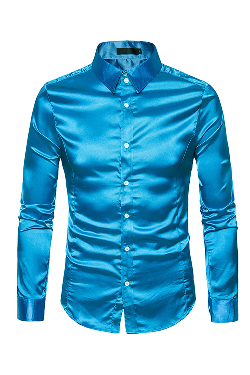 Satin Button Turndown Collar Slim Semi Formal Long Sleeve Shirt