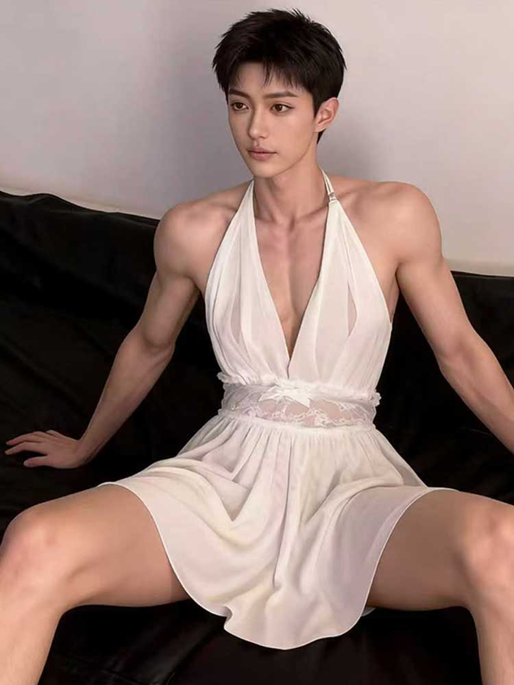 Men's Sexy Mesh Backless See-Through Halter Neck Dress