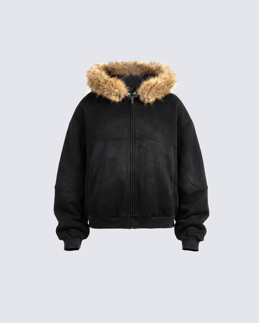 Boxy Zip Fur Collar Hoodie