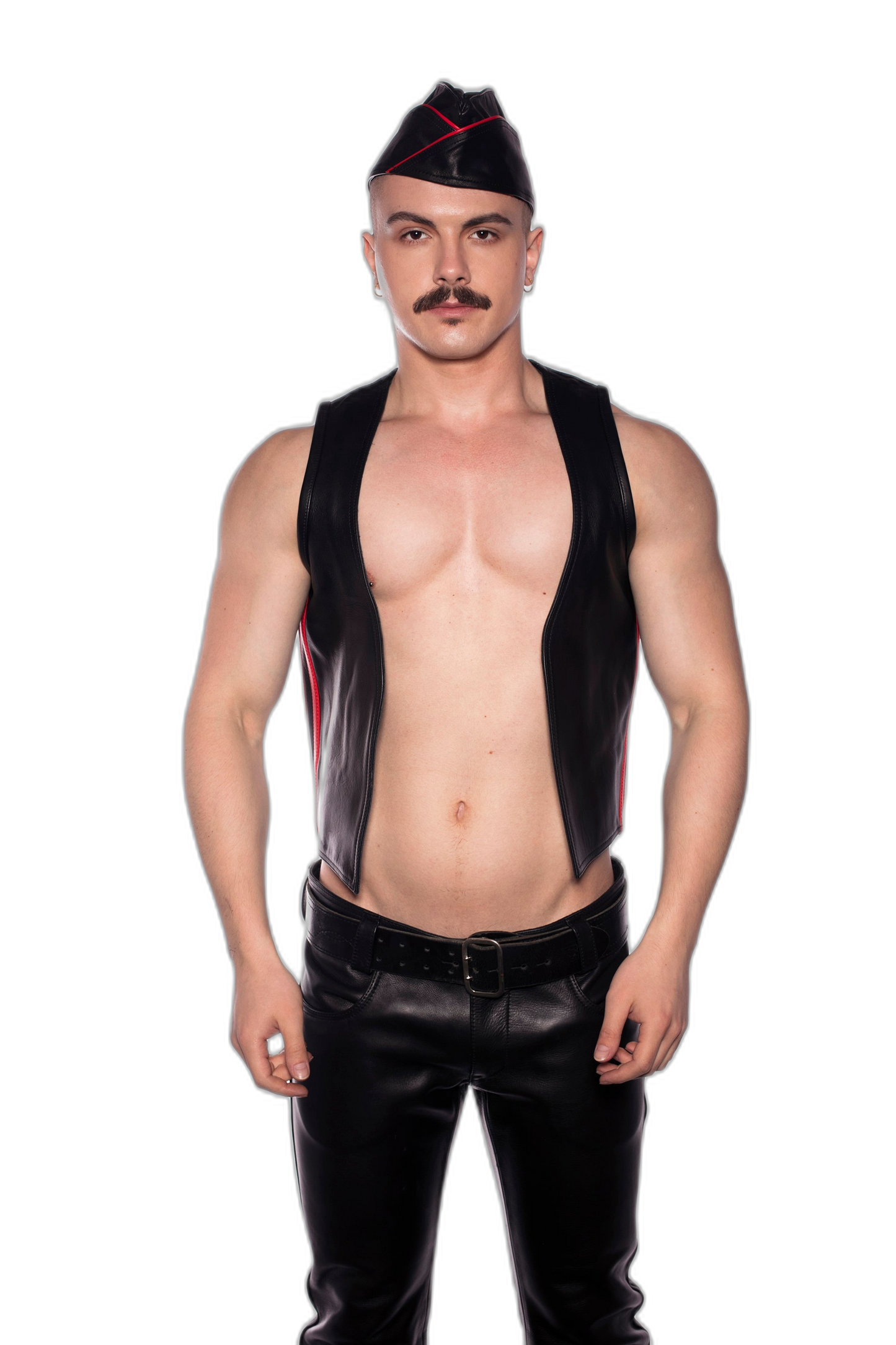 Prowler RED Leather Vest Waistcoat Black with Red Side Stripe