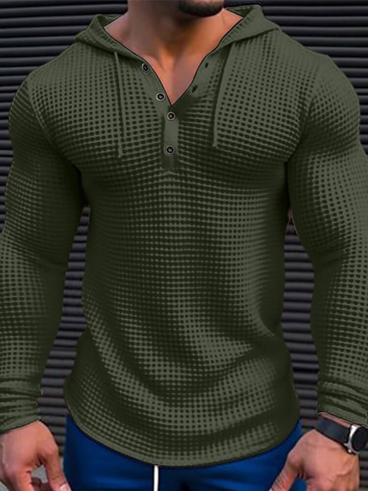 Men's Solid Color Waffle Button-Down Hooded Top
