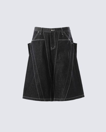 Contrast Stitching Wide-Leg Denim Shorts