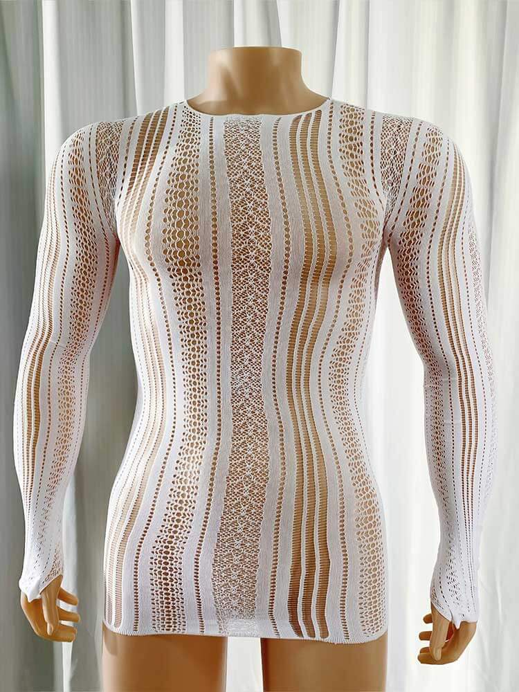 Men's Sexy Sheer Fishnet Long Sleeve Fitted Cover Up