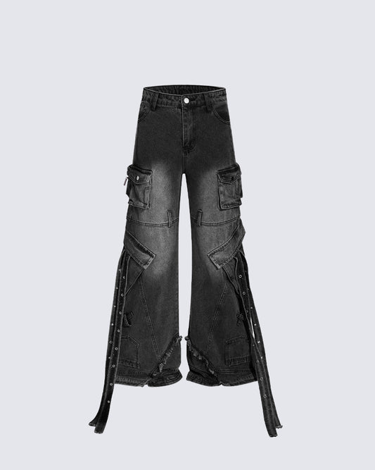 Distressed Cargo Pants with Strap Details