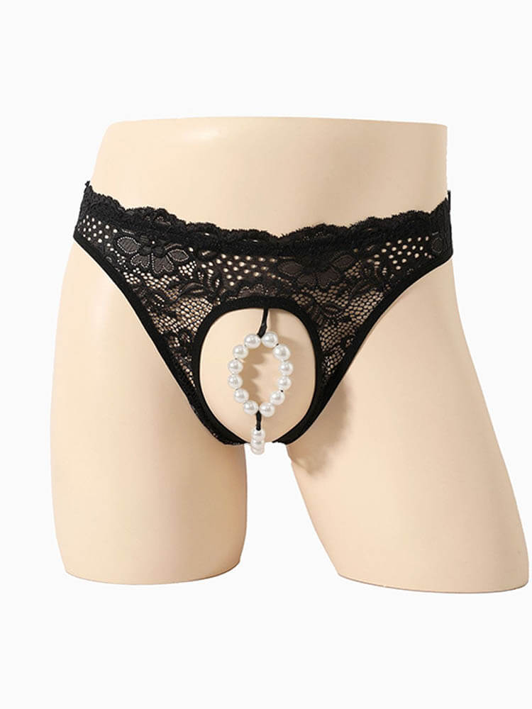 Men's Sexy Imitation Pearls Sheer Lace Briefs