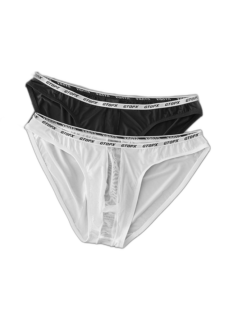 2 Pack Men's Low-Rise Sporty Ice-Silk Bikini with Mesh Front and U-Contour Pouch
