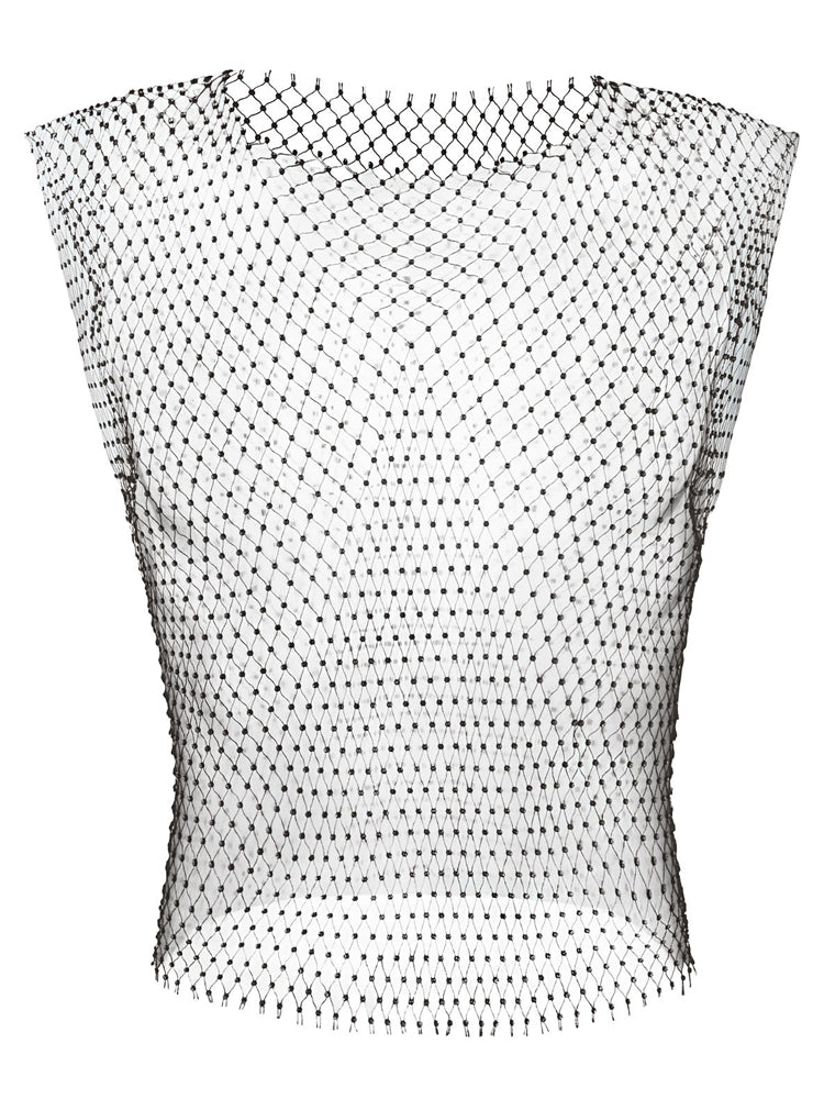 Men's Rhinestone See Through Fishing Net Cutout Nylon Vest Shorts Two Piece Set - Orange