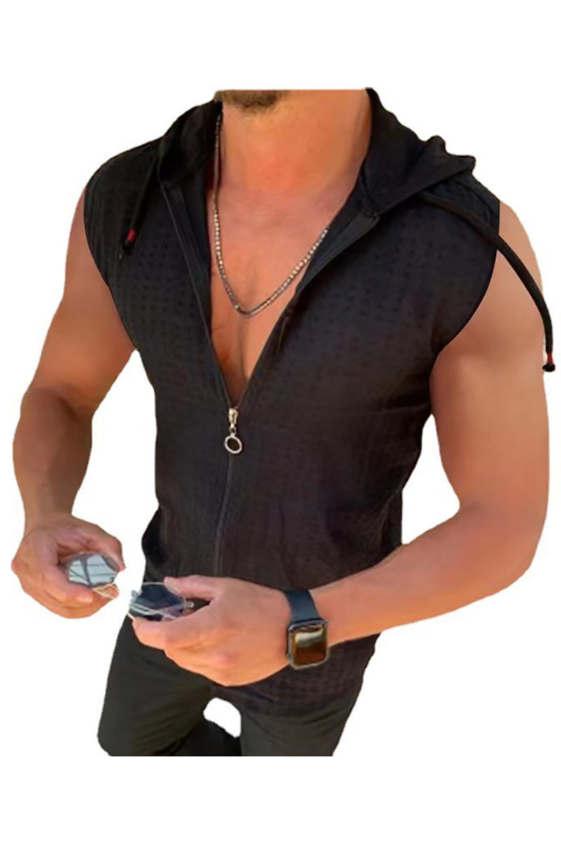 Hooded Short Sleeve Shirts with Zipper Slim Fit Tank Top