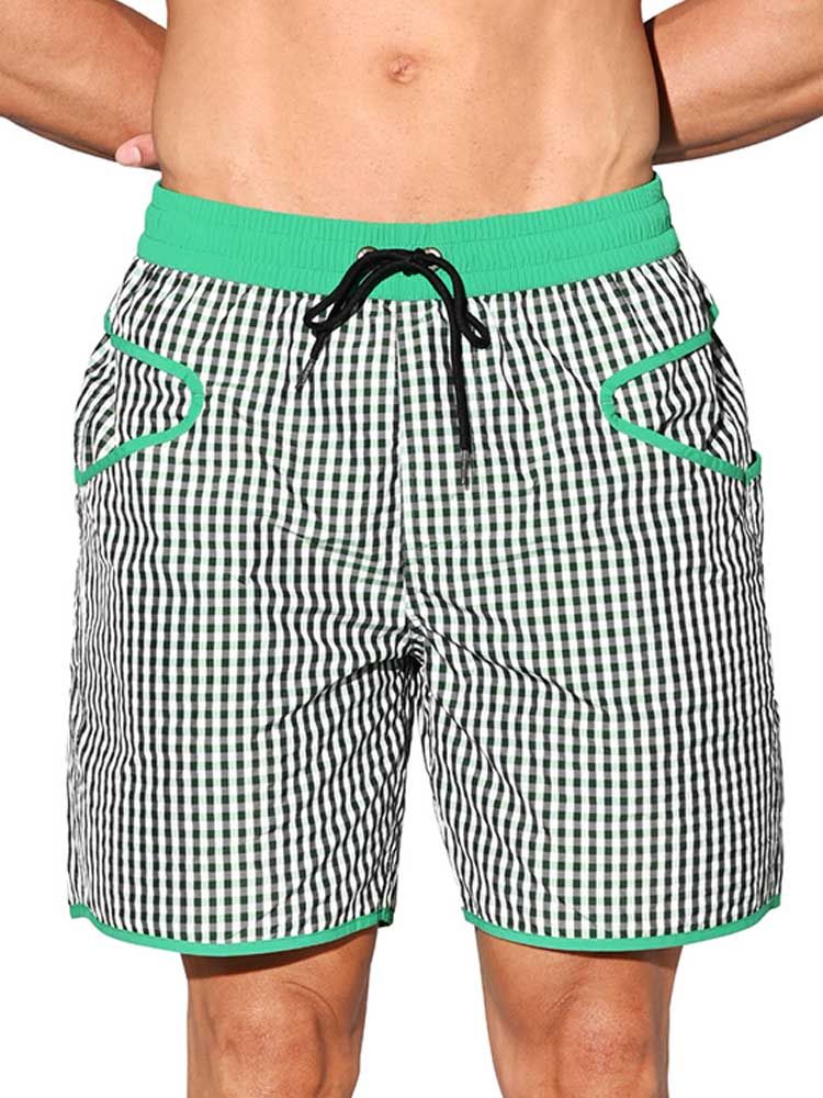 Men's Plaid Quick-Dry Drawstring Swim Shorts
