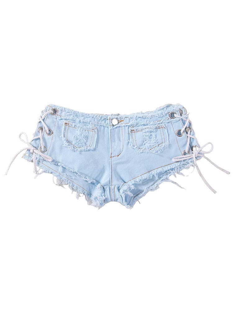 Sexy Side-Slit Tie-Up Low-Rise Frayed Hem Shorts