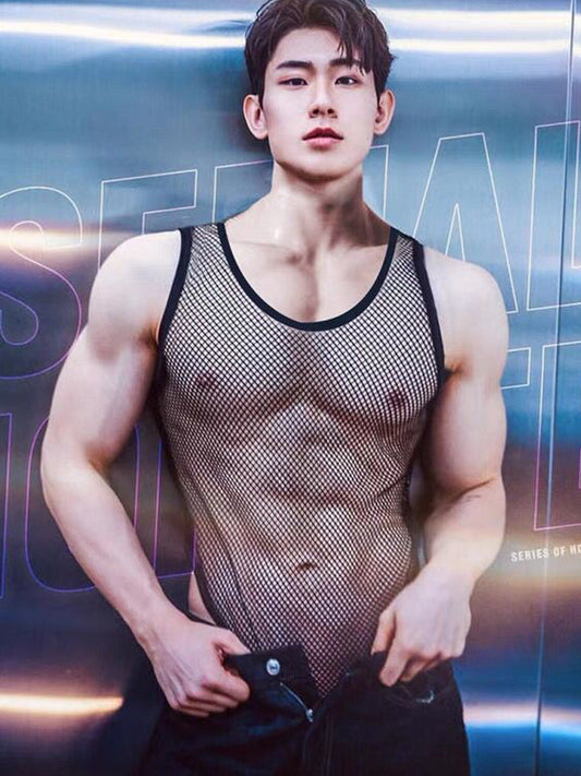 Men's Solid Color Mesh Polyester Bodysuit